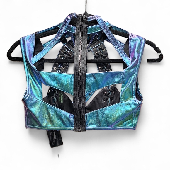 NEW Club Exx Rude Awakening Iridescent Caged Bra Crop Top Size XS - Picture 3 of 5